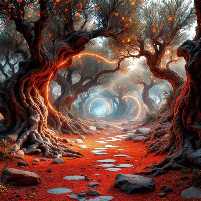 The primary subject of the image is a red pathway surrounded by trees. The setting is a forest with a red dirt road, and the visual style is digital art. The dominant colors are red and orange, creating a warm and vibrant atmosphere.